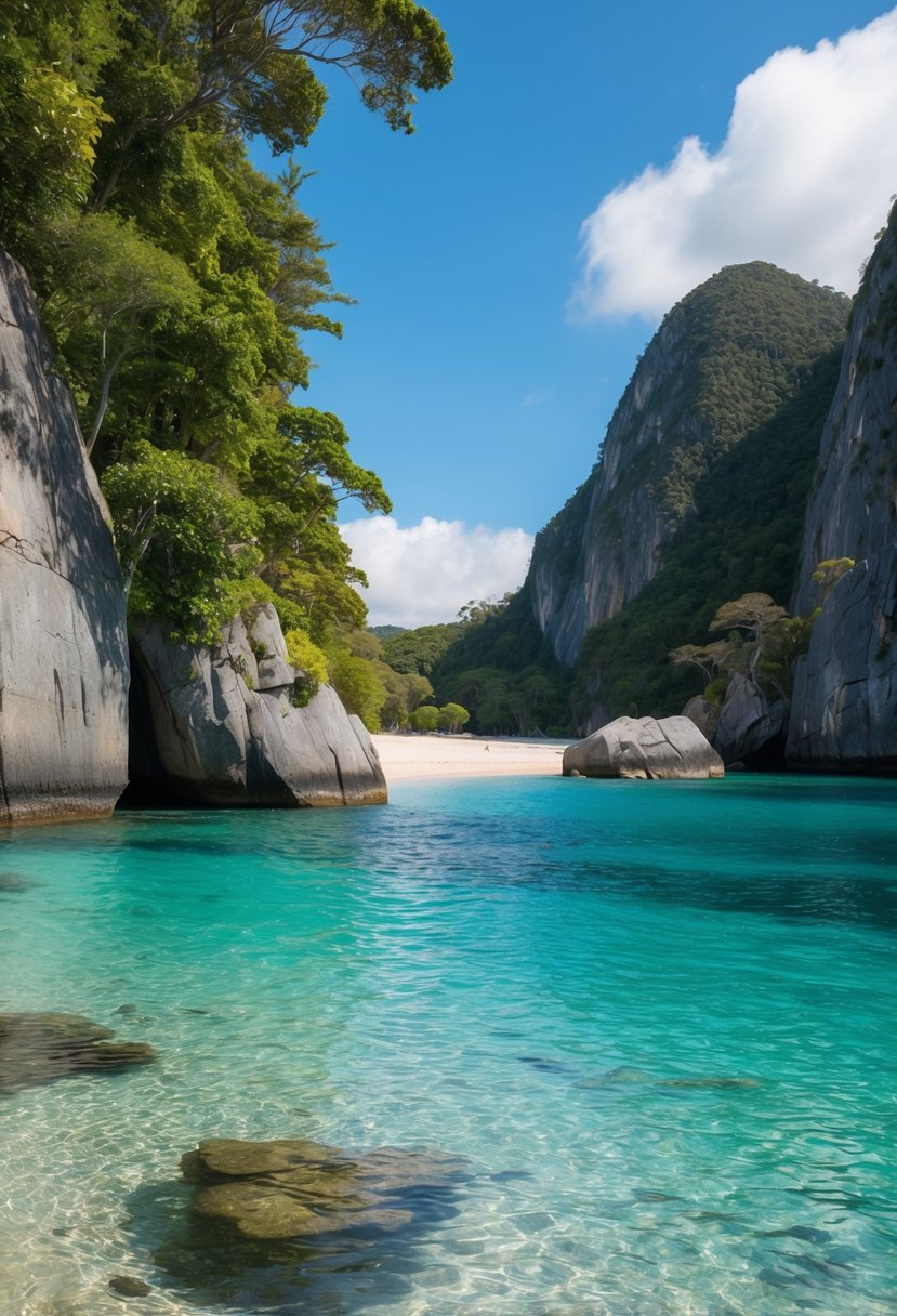A secluded beach with crystal-clear waters and lush greenery, surrounded by towering granite rocks and a serene atmosphere
