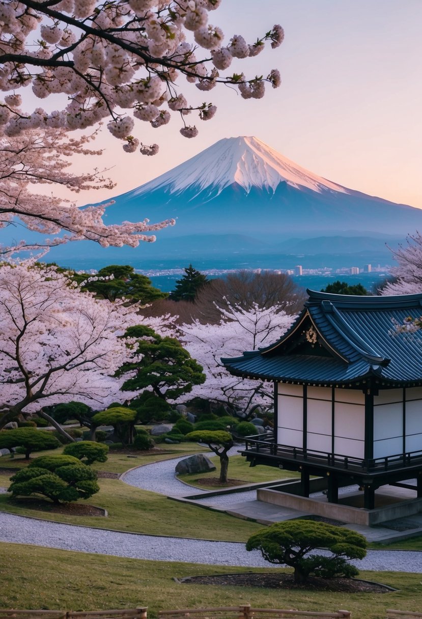 A serene garden with cherry blossom trees, a traditional tea house, and a view of Mount Fuji in the distance