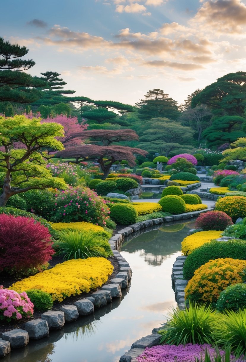 Lush garden with colorful flowers, serene ponds, and winding paths in Shinjuku Gyoen National Garden