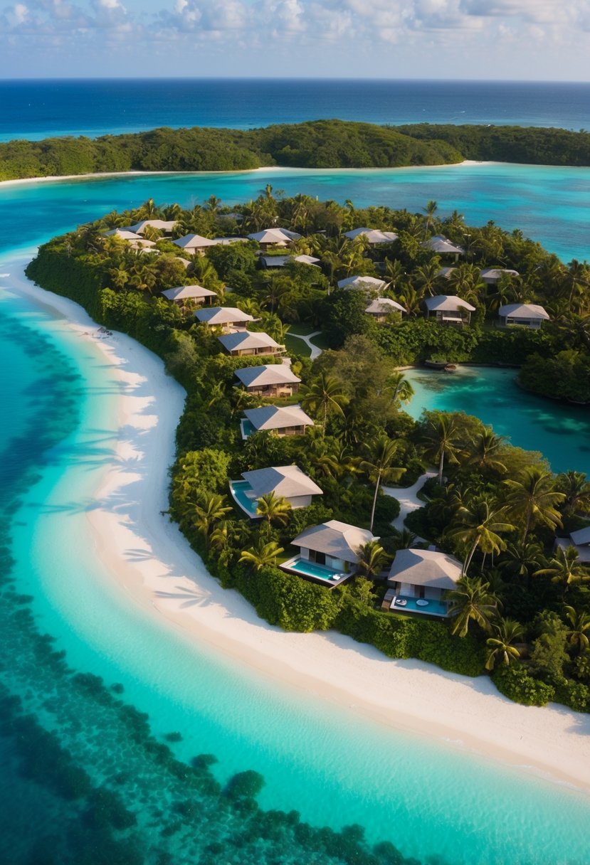 A lush, secluded island surrounded by crystal-clear waters, with luxurious villas nestled among tropical foliage and overlooking the serene ocean