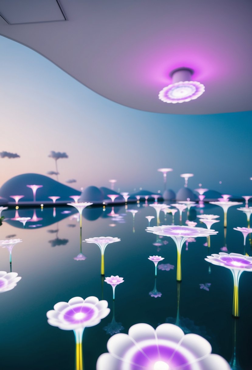 A serene, otherworldly landscape of glowing, interactive digital flowers and floating islands in a dreamy, pastel-hued environment at TeamLab Borderless in Tokyo