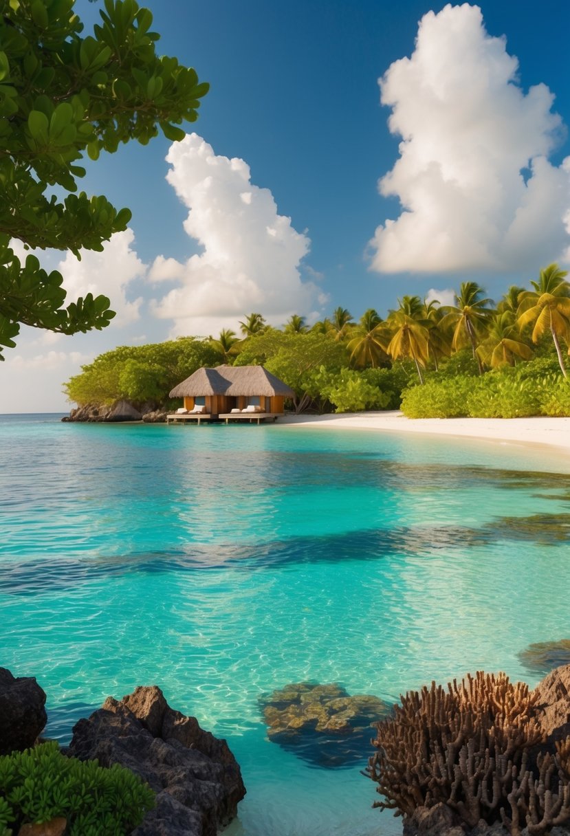 A tranquil beach with crystal-clear water, surrounded by lush greenery and colorful coral reefs, with a couple's private bungalow in the distance