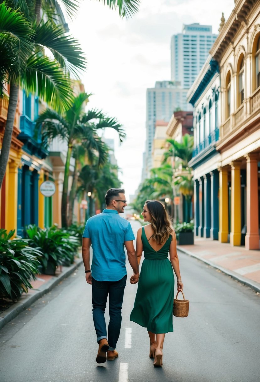 A couple strolls through the vibrant streets of Victoria City, surrounded by colorful buildings and lush tropical foliage