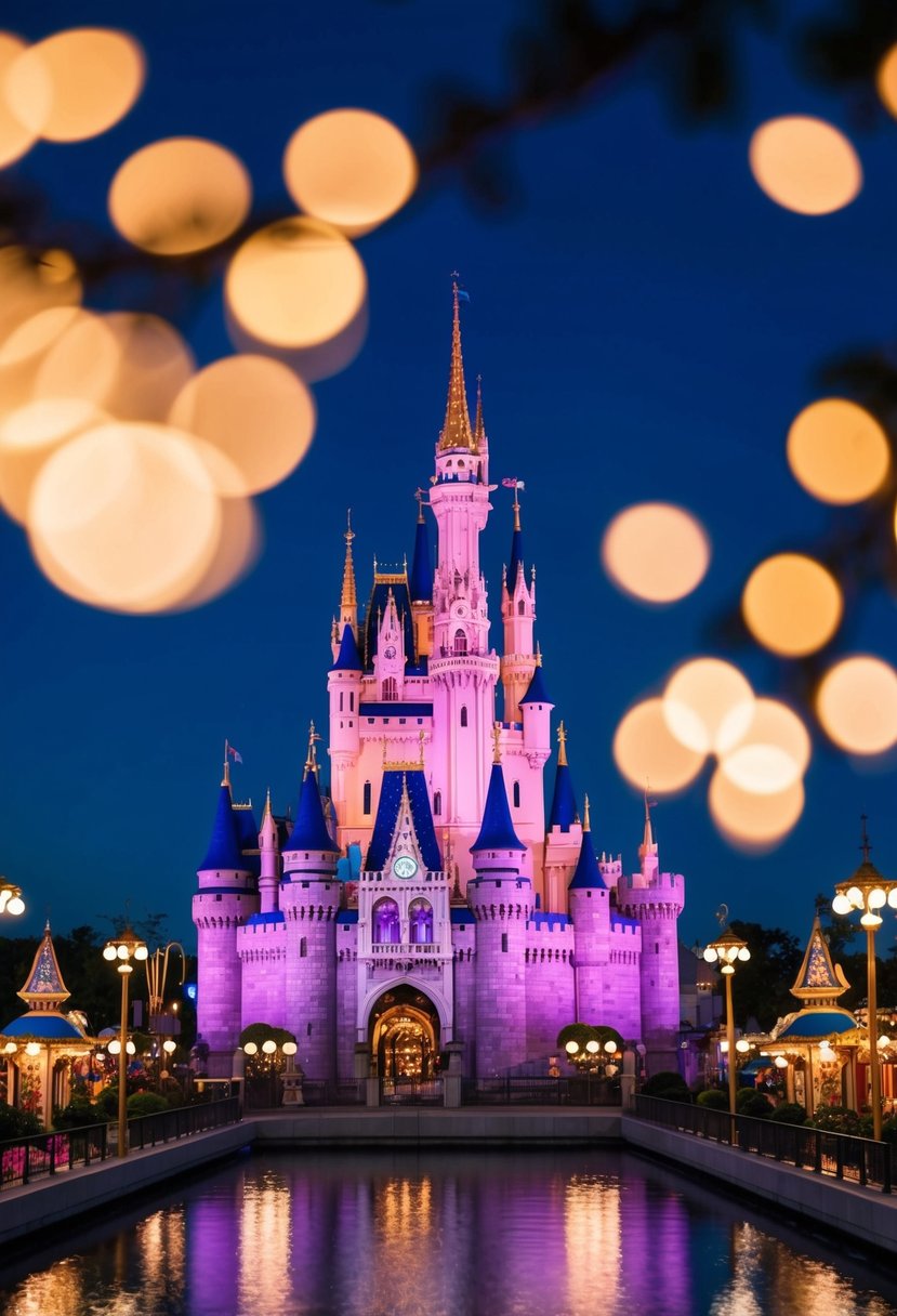 A romantic evening at Tokyo Disneyland, with the iconic Cinderella Castle illuminated against the night sky, surrounded by colorful attractions and twinkling lights