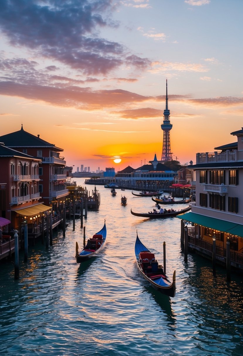A magical sunset over Tokyo DisneySea's romantic waterfront, with colorful gondolas gliding along the picturesque canals and twinkling lights reflecting in the water