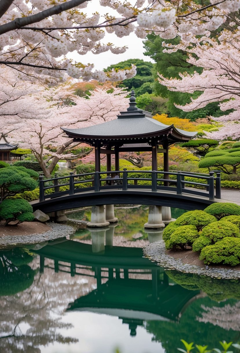 A serene garden with a traditional Japanese bridge over a tranquil pond, surrounded by cherry blossom trees in full bloom