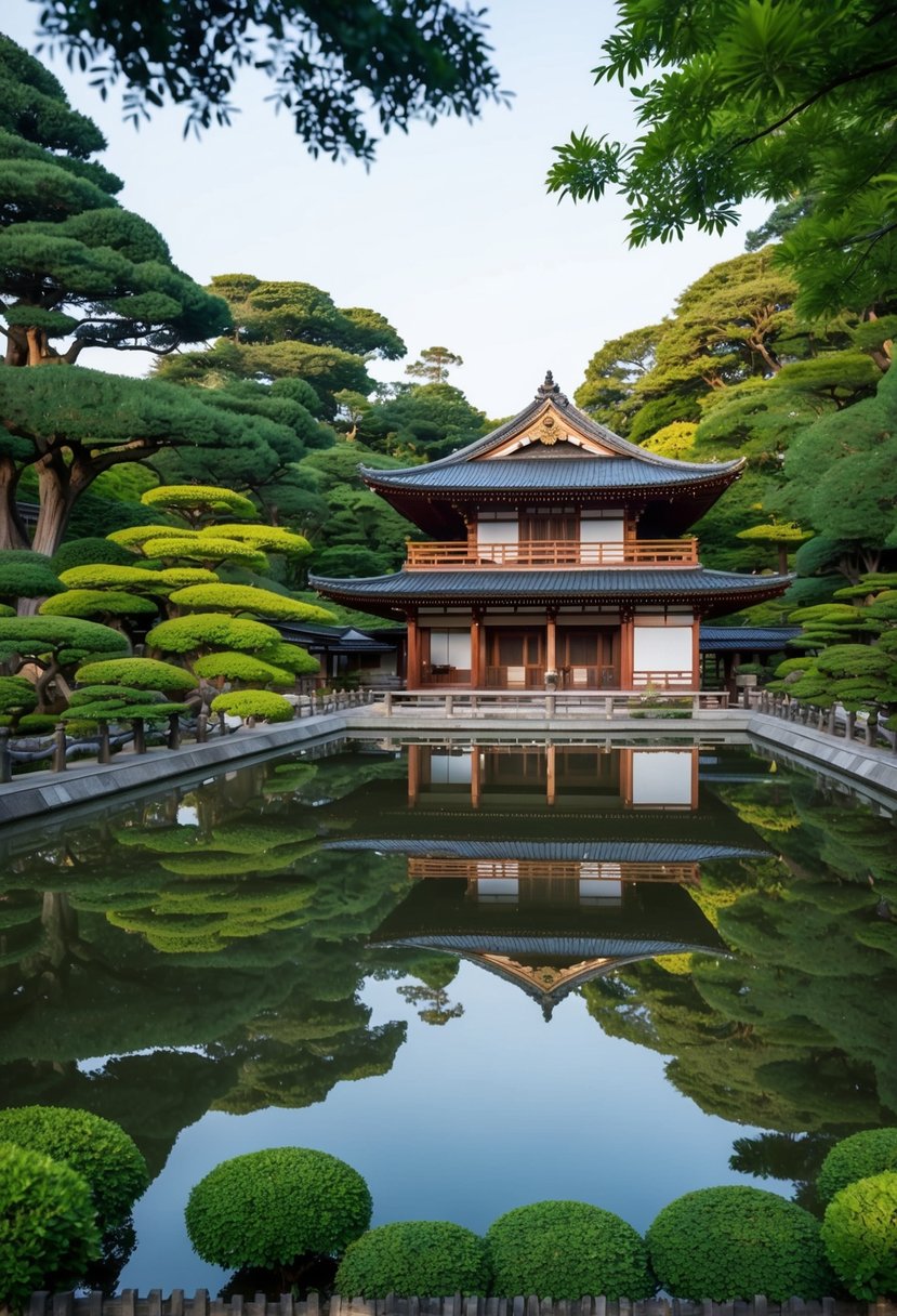 A serene pond surrounded by lush greenery and traditional Japanese architecture at Hamarikyu Gardens, a romantic honeymoon destination in Tokyo