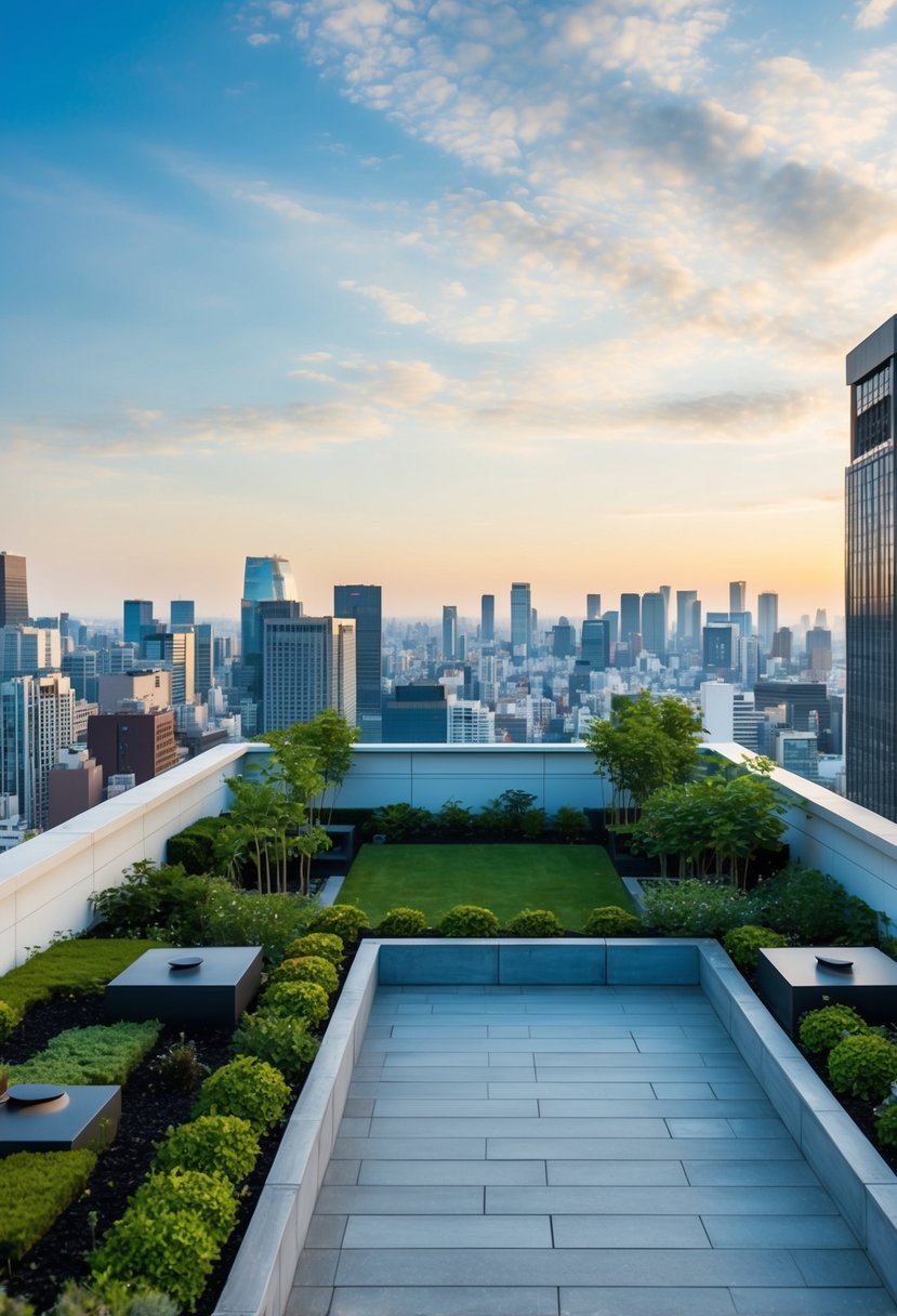 A serene rooftop garden overlooks the Tokyo cityscape, with a luxurious hotel in the background