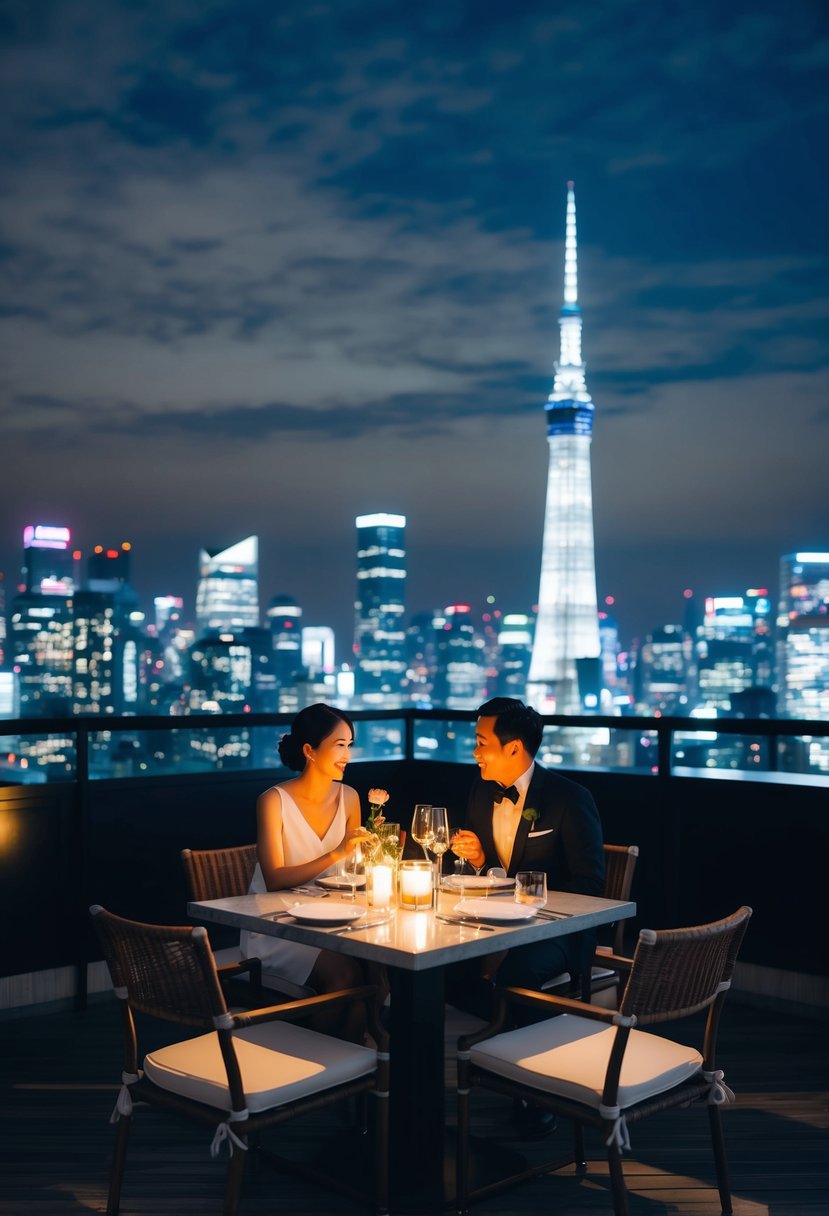 A romantic rooftop dinner at the New York Grill and Bar in Tokyo, with a panoramic view of the city skyline at night