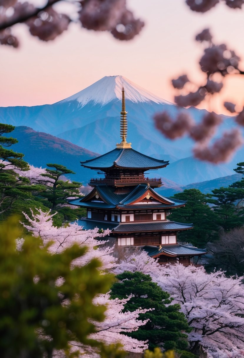 A serene mountain landscape with cherry blossoms and a traditional Japanese temple nestled among the trees