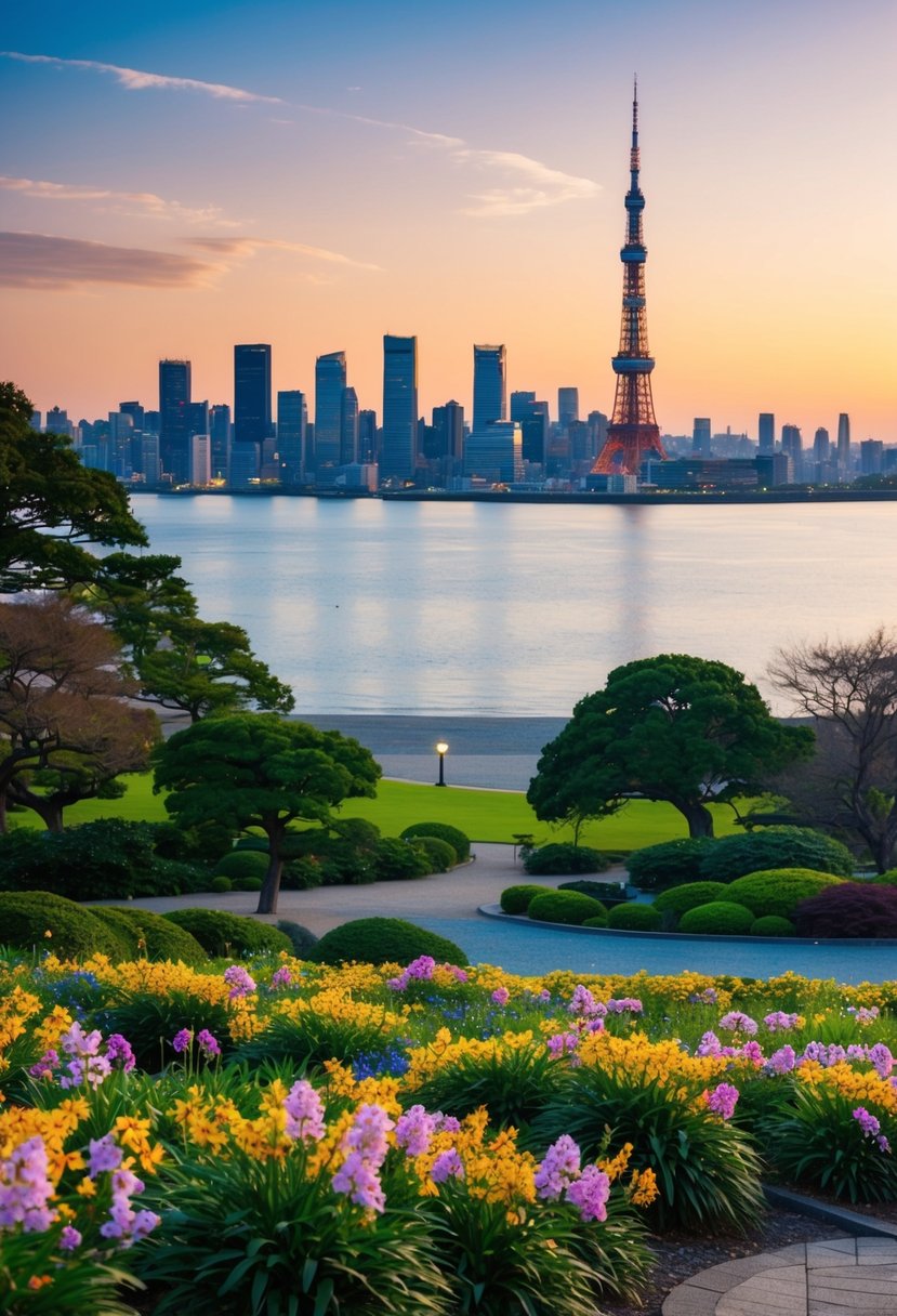 A serene park overlooks the Tokyo skyline, with colorful flowers and a tranquil beach, perfect for a romantic honeymoon getaway