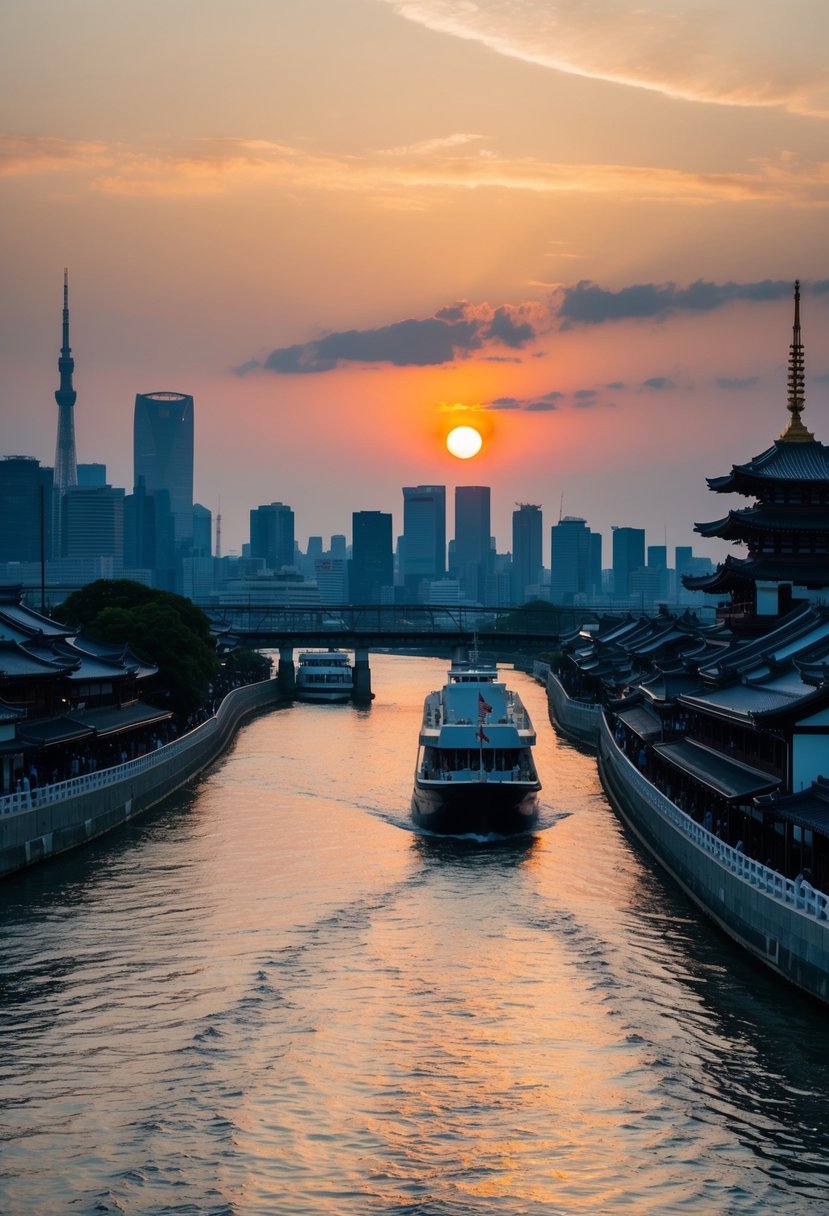 A serene Sumida River Cruise at sunset, with traditional Japanese architecture lining the banks and the Tokyo skyline in the distance