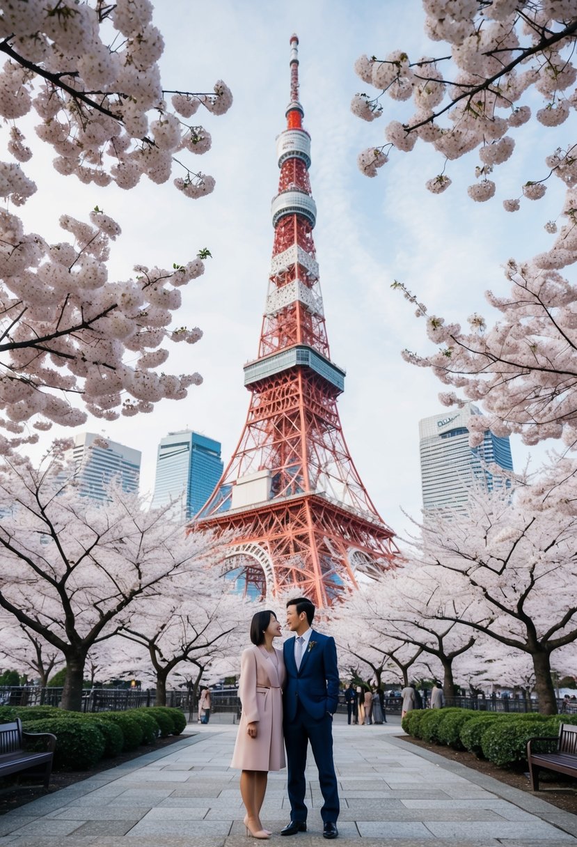 A couple stands at the base of Tokyo Tower, surrounded by cherry blossom trees in full bloom. The iconic structure looms above, with the city skyline in the background