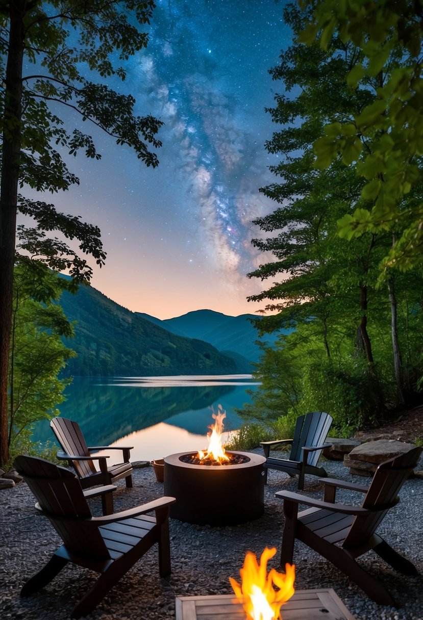 A serene lakeside cabin nestled in the lush Tennessee mountains, with a cozy fire pit and a hot tub under the stars