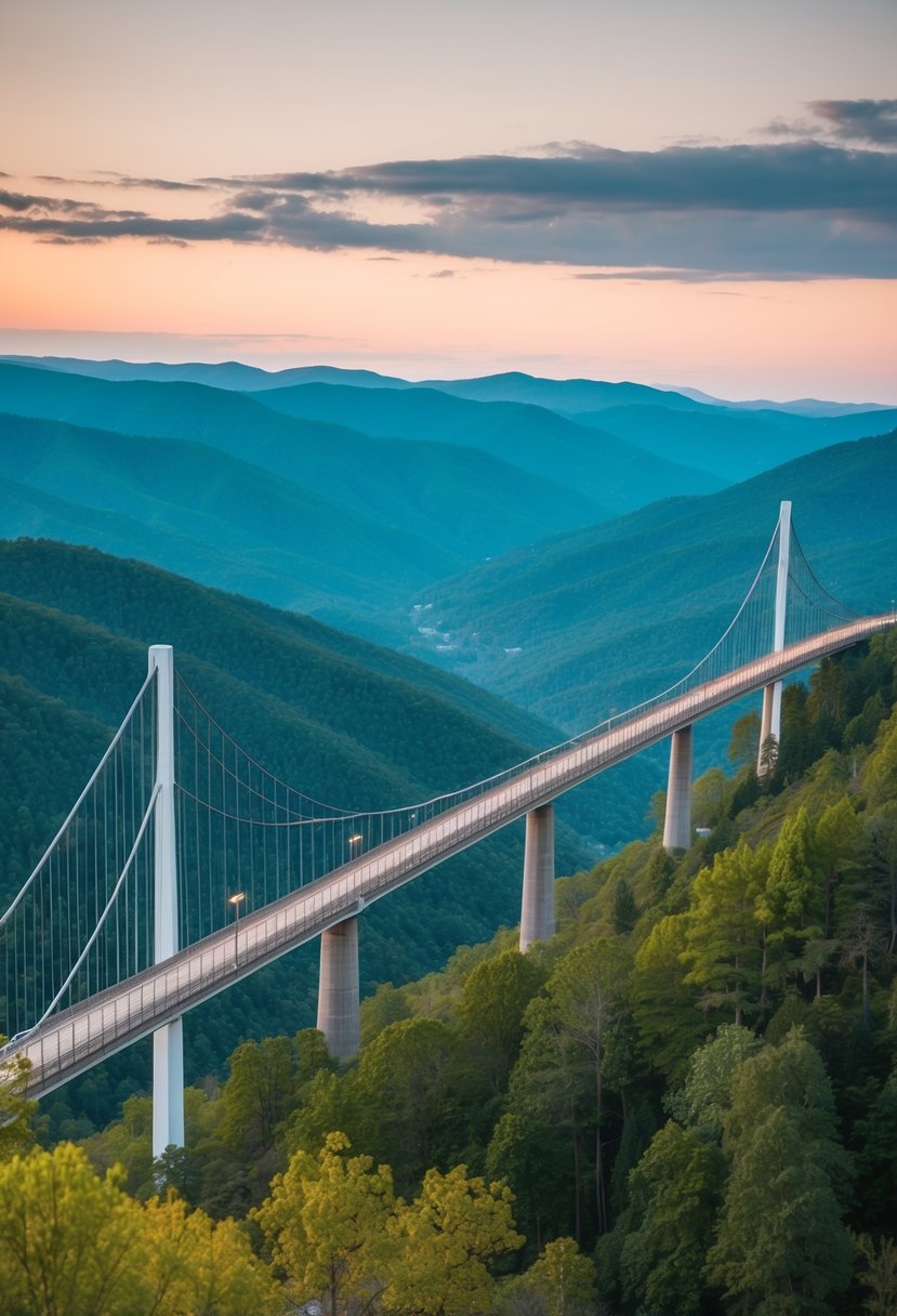 A picturesque view of the Gatlinburg SkyBridge stretching across lush green mountains and serene valleys in Tennessee
