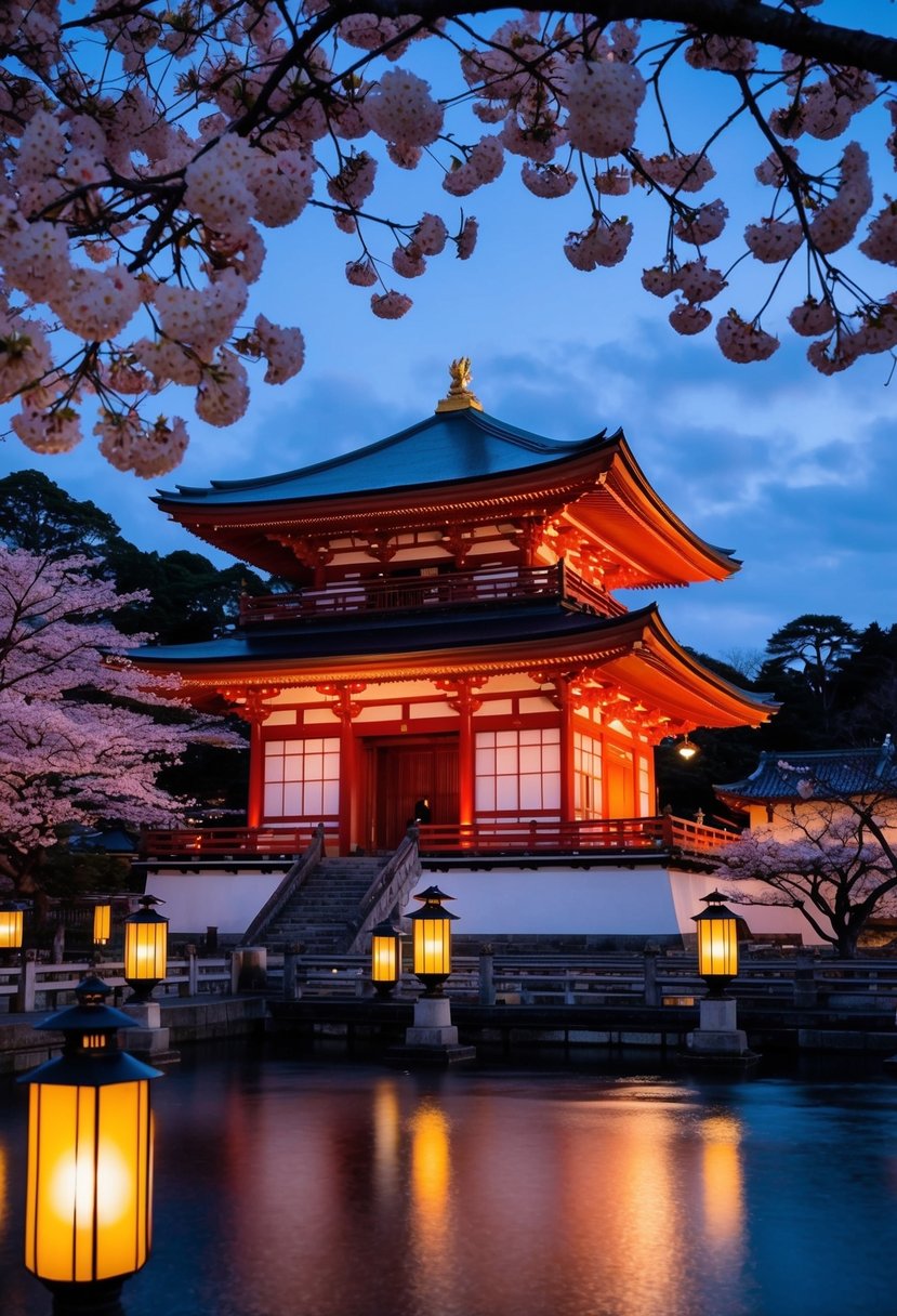 A serene Senso-ji Temple at dusk, lanterns aglow, with cherry blossoms in full bloom, creating a romantic and picturesque honeymoon destination in Tokyo