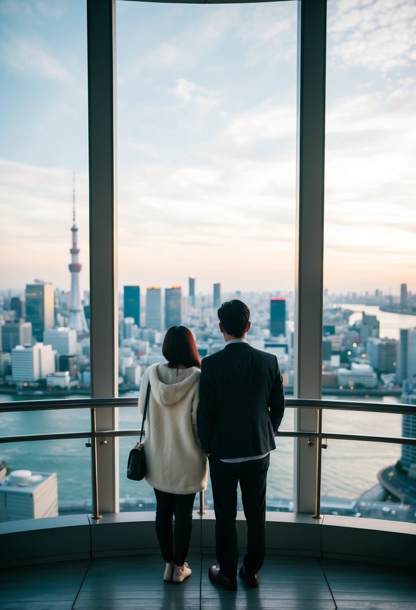 A couple admires the view from the observation deck of the Asakusa Culture and Tourist Information Center, with the Tokyo skyline and the Sumida River in the background