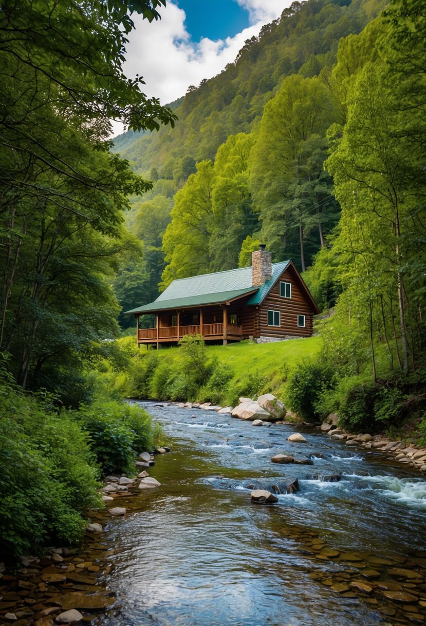 A cozy cabin nestled in the Smoky Mountains, surrounded by lush greenery and a serene river flowing nearby