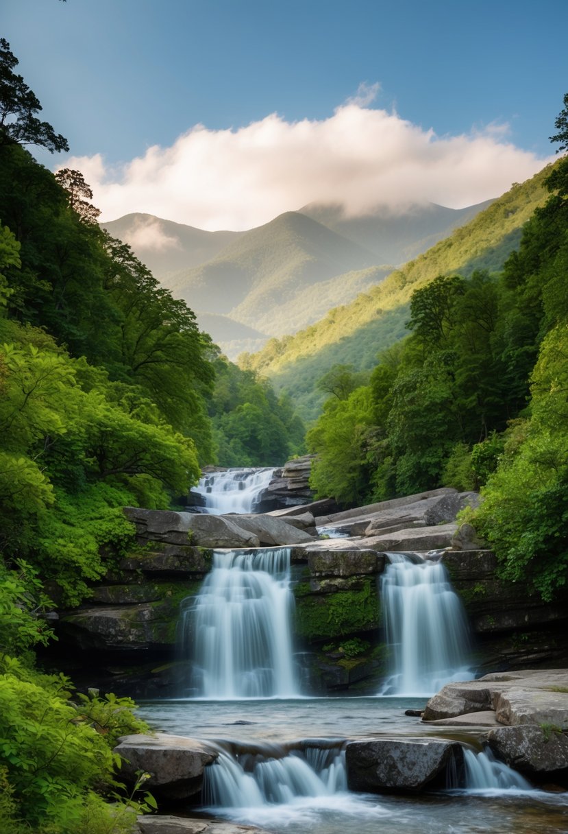 A serene mountain landscape with lush greenery, cascading waterfalls, and misty peaks in the Great Smoky Mountains National Park