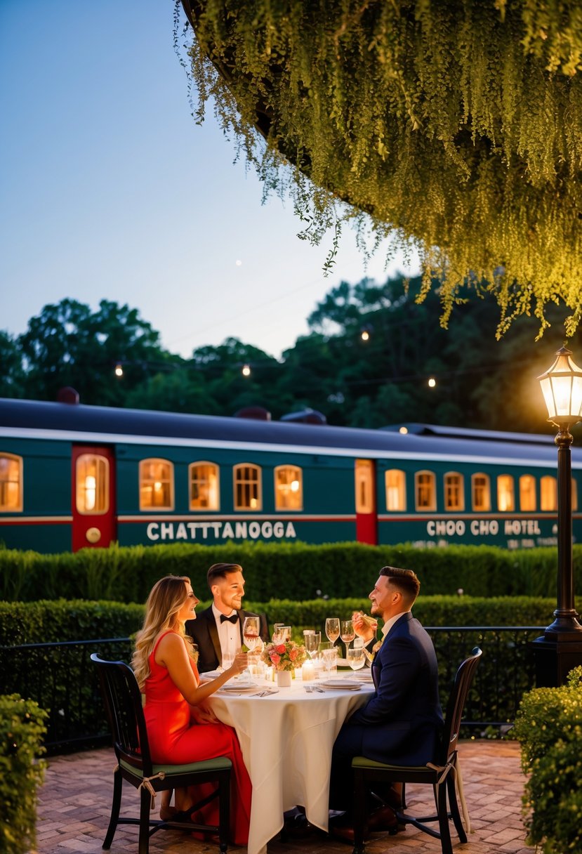 A couple enjoys a romantic dinner under the stars at the Chattanooga Choo Choo Hotel, surrounded by lush greenery and the iconic train car