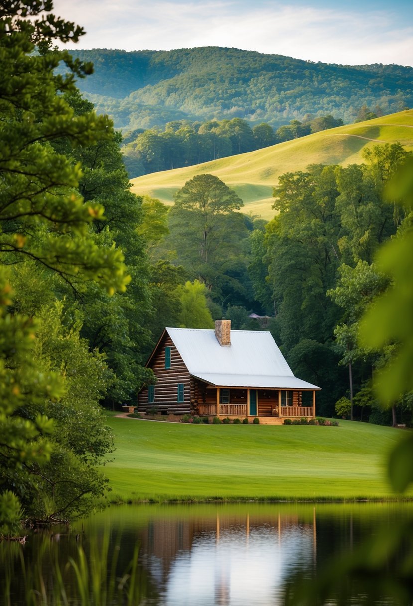 A cozy cabin nestled in the rolling hills of Tennessee, surrounded by lush greenery and a serene lake at Blackberry Farm