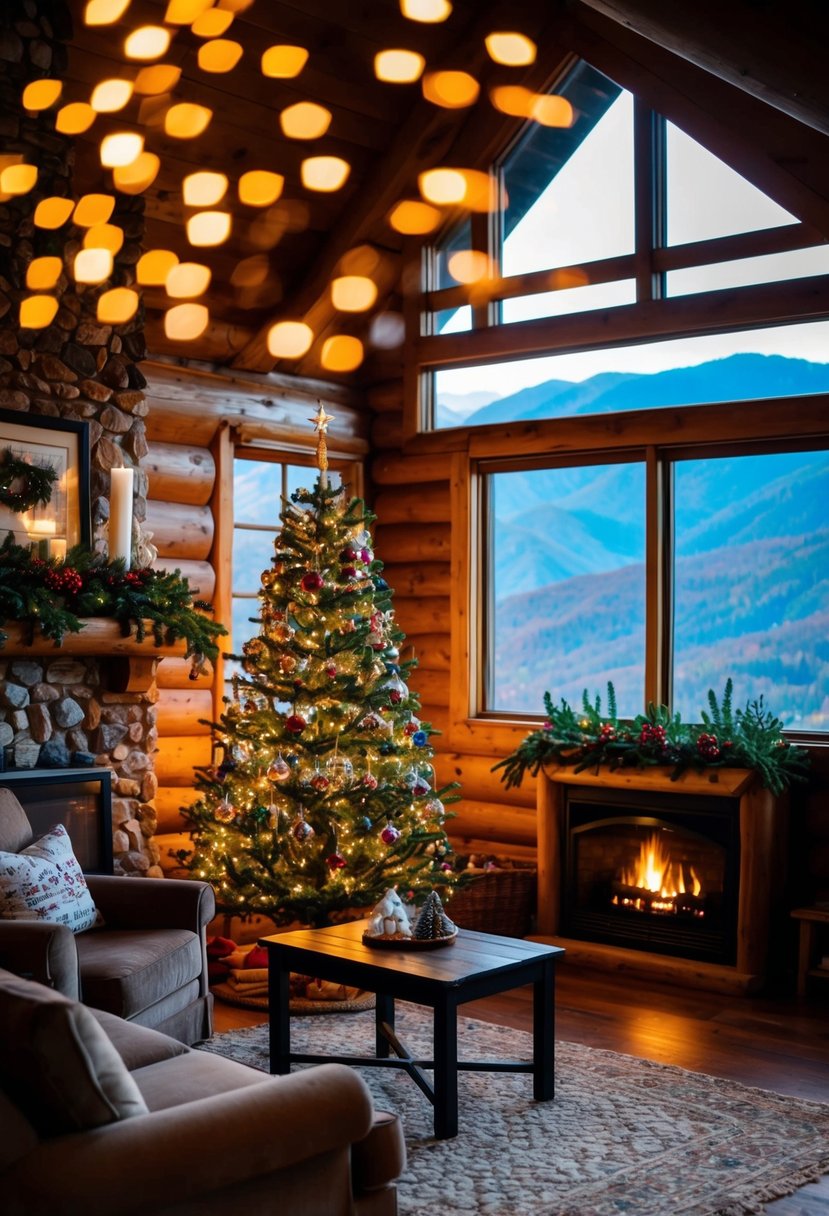 A cozy, festive inn nestled in the Smoky Mountains, with a twinkling Christmas tree and a warm fireplace