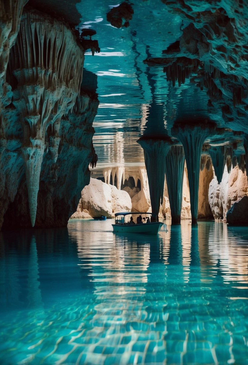 Crystal clear waters reflect the cavern ceiling, revealing stalactites and rock formations. A boat glides through the underground lake, surrounded by serene beauty