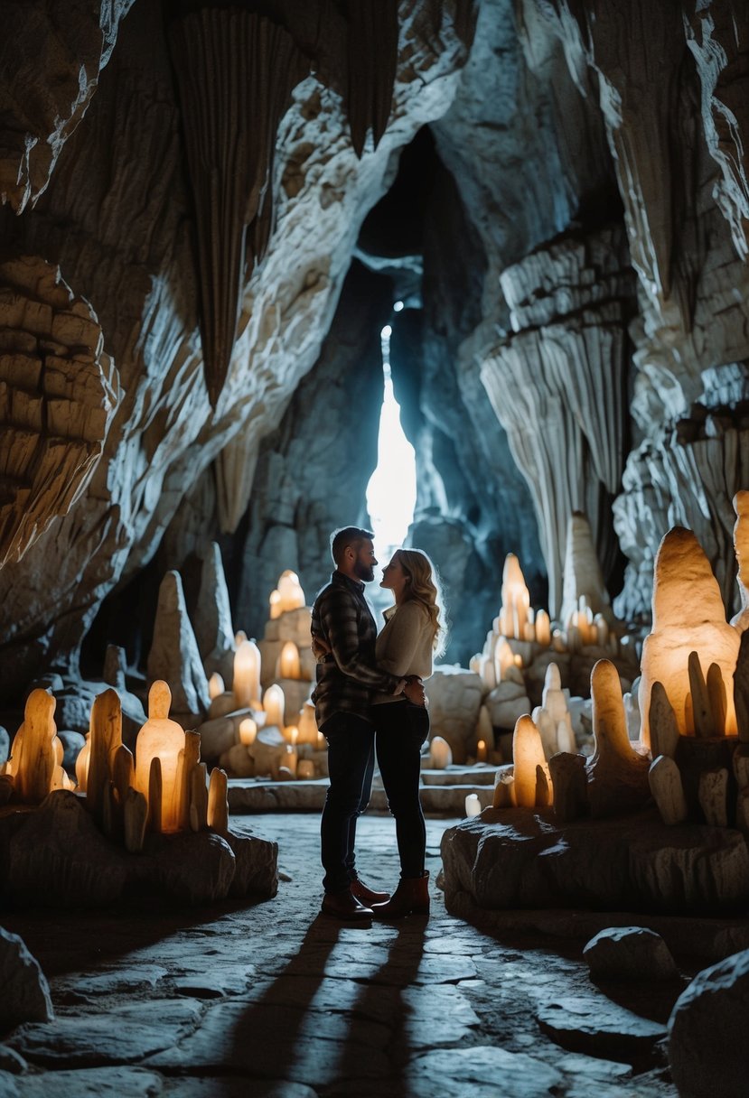 A couple standing in awe inside Cumberland Caverns, surrounded by majestic rock formations and softly glowing stalactites and stalagmites