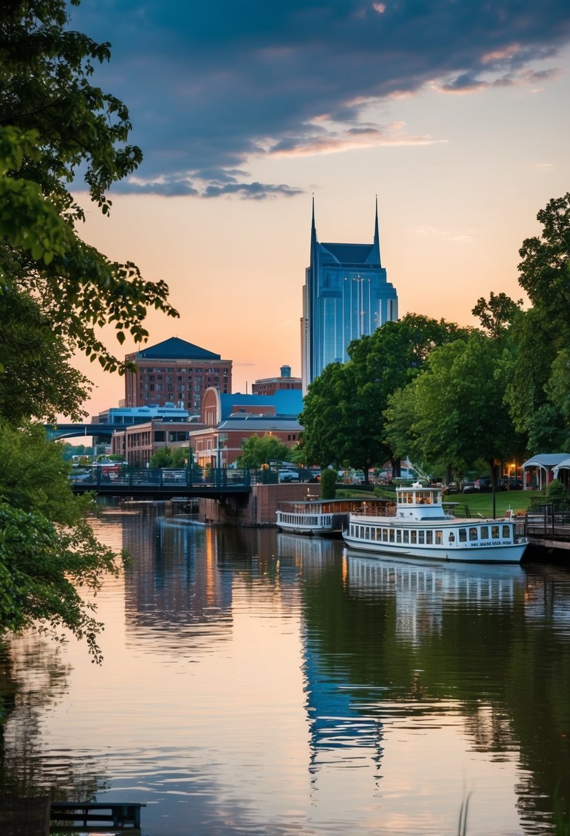 A serene riverfront with quaint boats, lush greenery, and a romantic atmosphere in Nashville, Tennessee