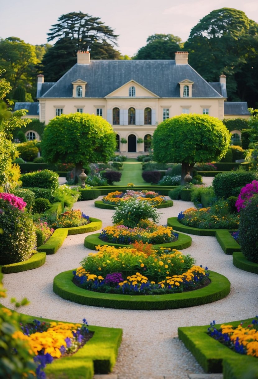 Lush gardens surround a grand estate, with colorful flowers and winding paths. A serene setting for a romantic honeymoon