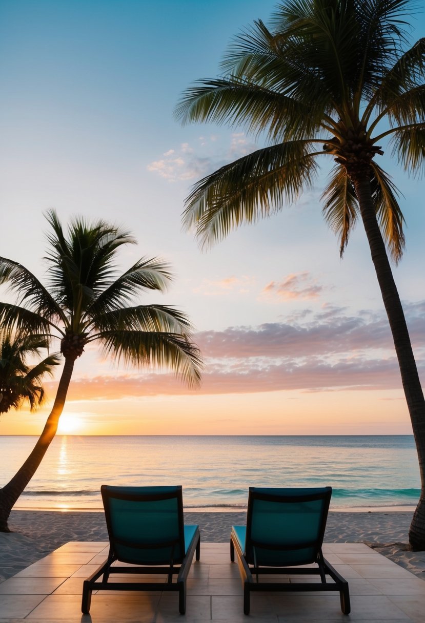 A serene beach at sunset, with palm trees, crystal clear water, and a couple of lounge chairs facing the ocean