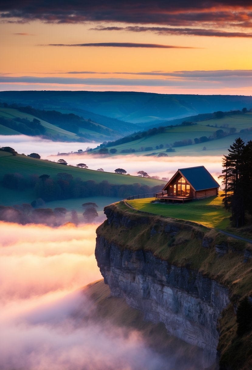 A cozy cabin nestled on a cliff overlooking rolling hills and a misty valley, with a colorful sunset casting a warm glow over the landscape