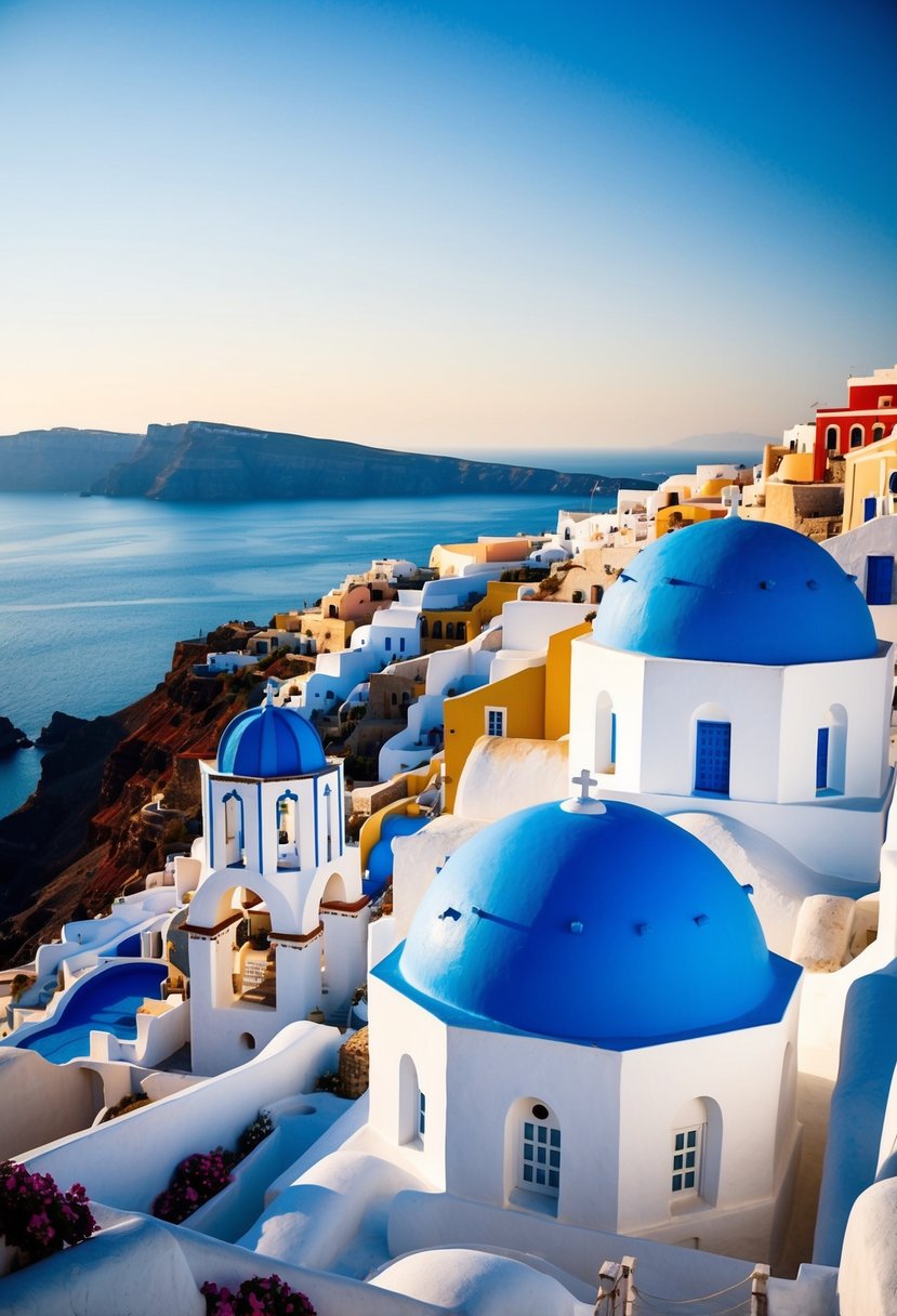The iconic blue-domed buildings of Santorini overlooking the sparkling Aegean Sea, with white-washed walls and colorful flowers