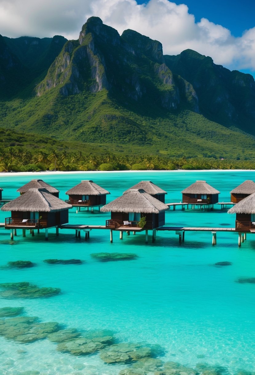Crystal clear turquoise waters surround overwater bungalows on stilts, with lush green mountains in the background