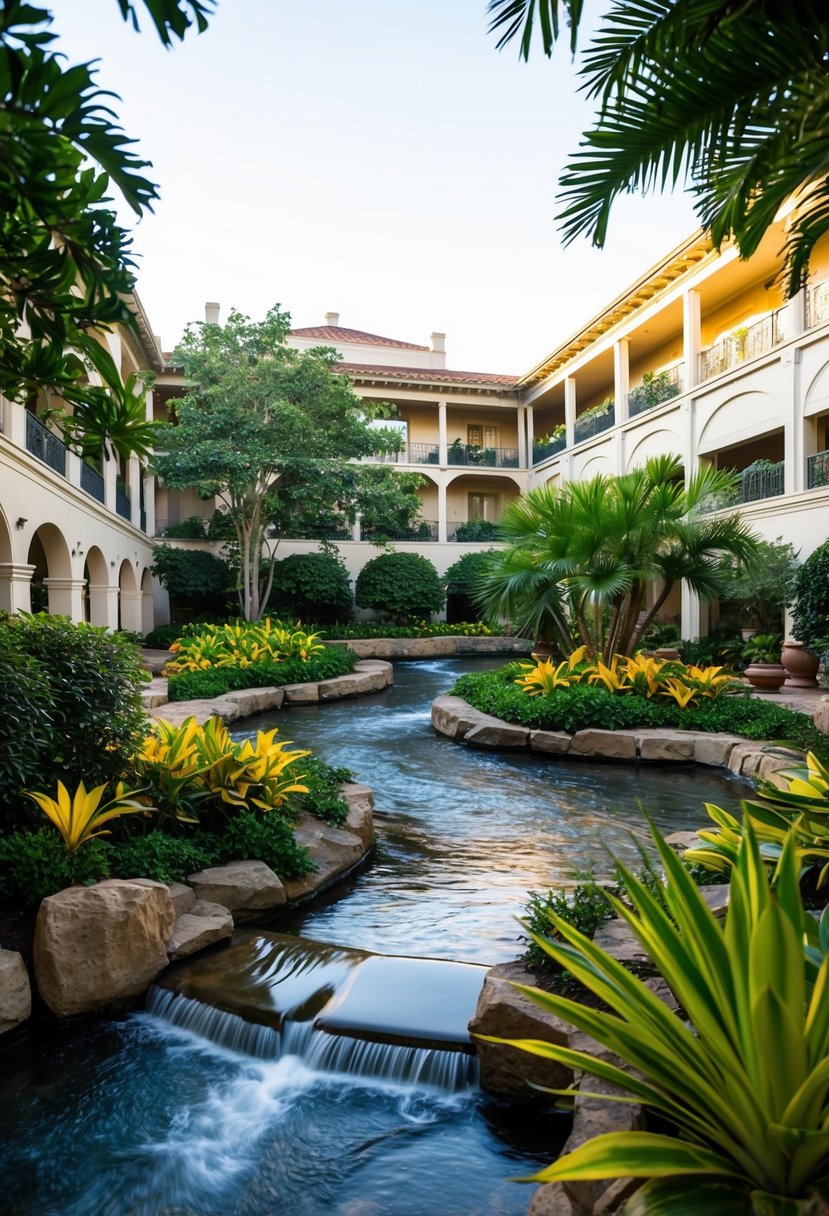 A lush garden courtyard with a winding river, waterfalls, and tropical foliage at the Opryland Hotel in Tennessee