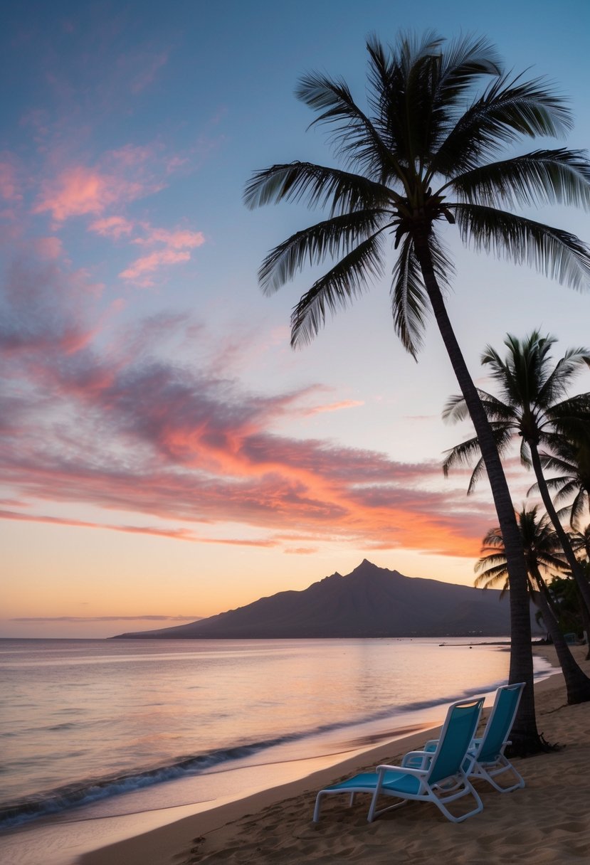 A beautiful sunset over the calm waters of Maui, with palm trees lining the shore and a couple of beach chairs set up for a romantic evening