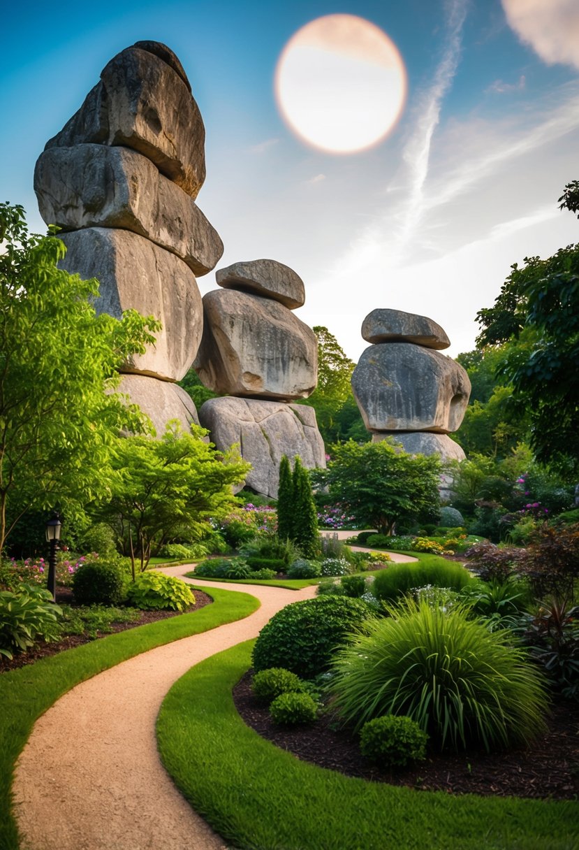 Lush garden with towering rock formations and winding paths at Rock City Gardens, Tennessee