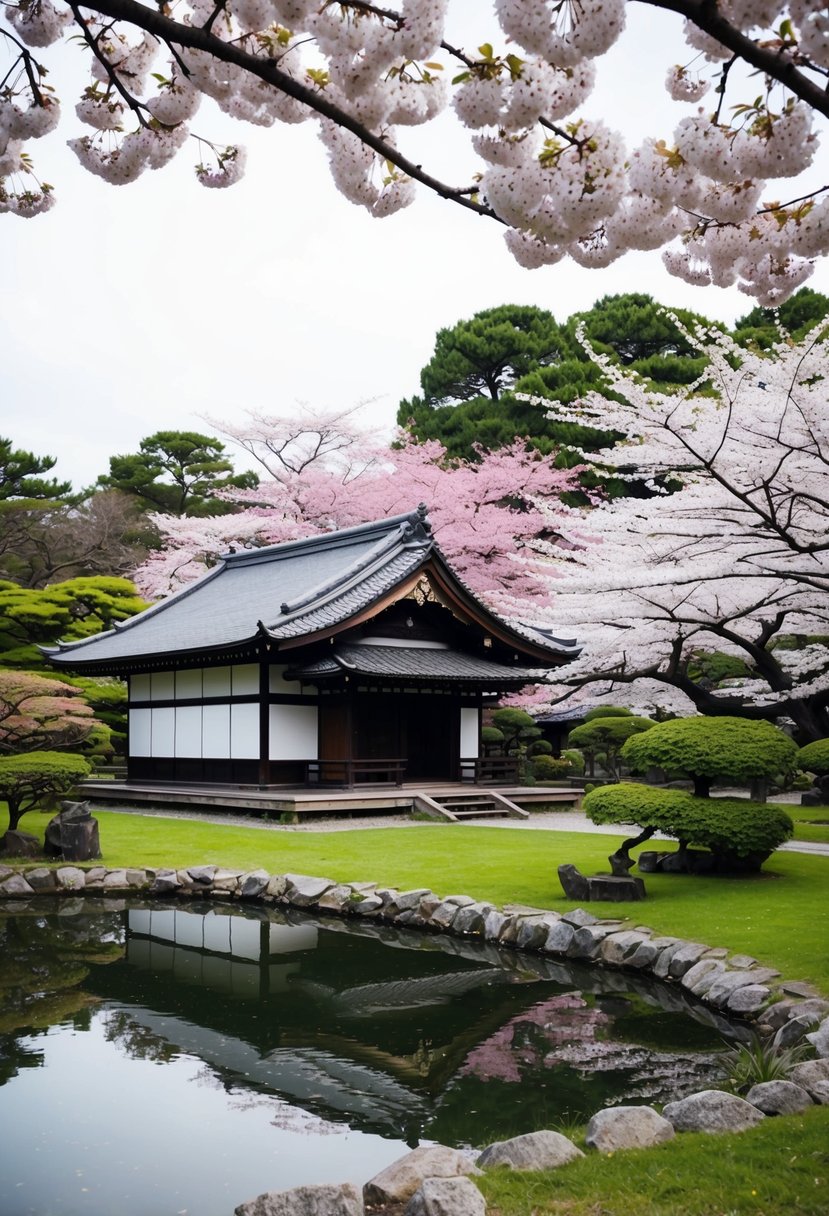A serene garden with a traditional Japanese teahouse, surrounded by cherry blossom trees and a tranquil pond in Kyoto, Japan