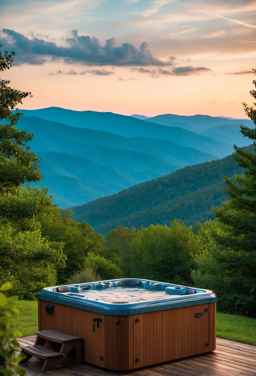 A cozy cabin nestled in the lush Tennessee mountains, with a bubbling hot tub and a breathtaking view of the Smokies