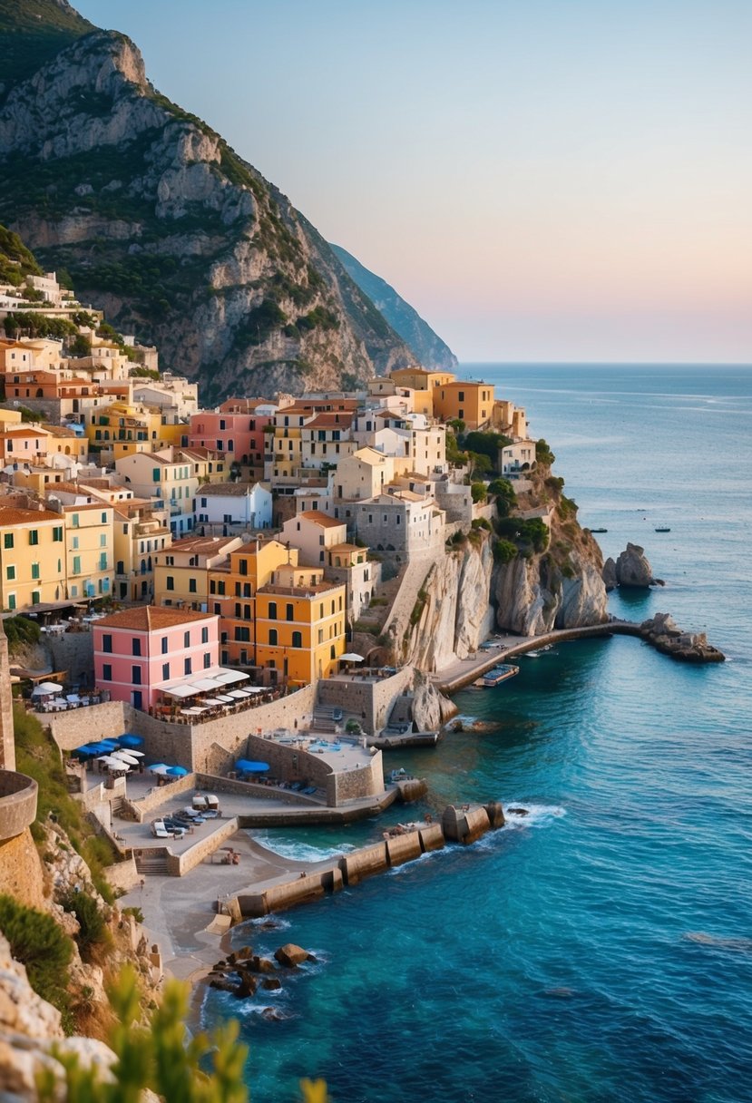 A picturesque coastal town with colorful buildings nestled between steep cliffs overlooking the sparkling blue waters of the Mediterranean Sea