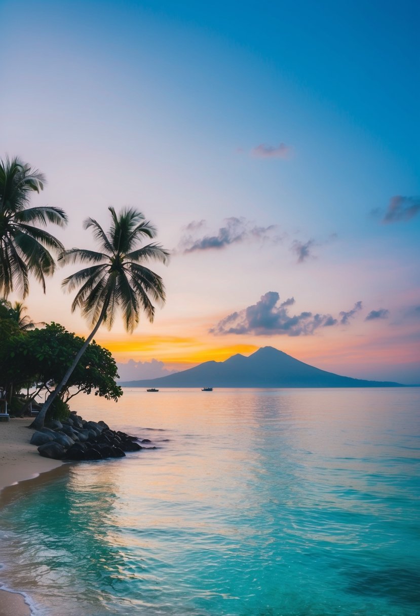 A serene beach with crystal clear waters, palm trees, and a colorful sunset over the horizon in Bali, Indonesia