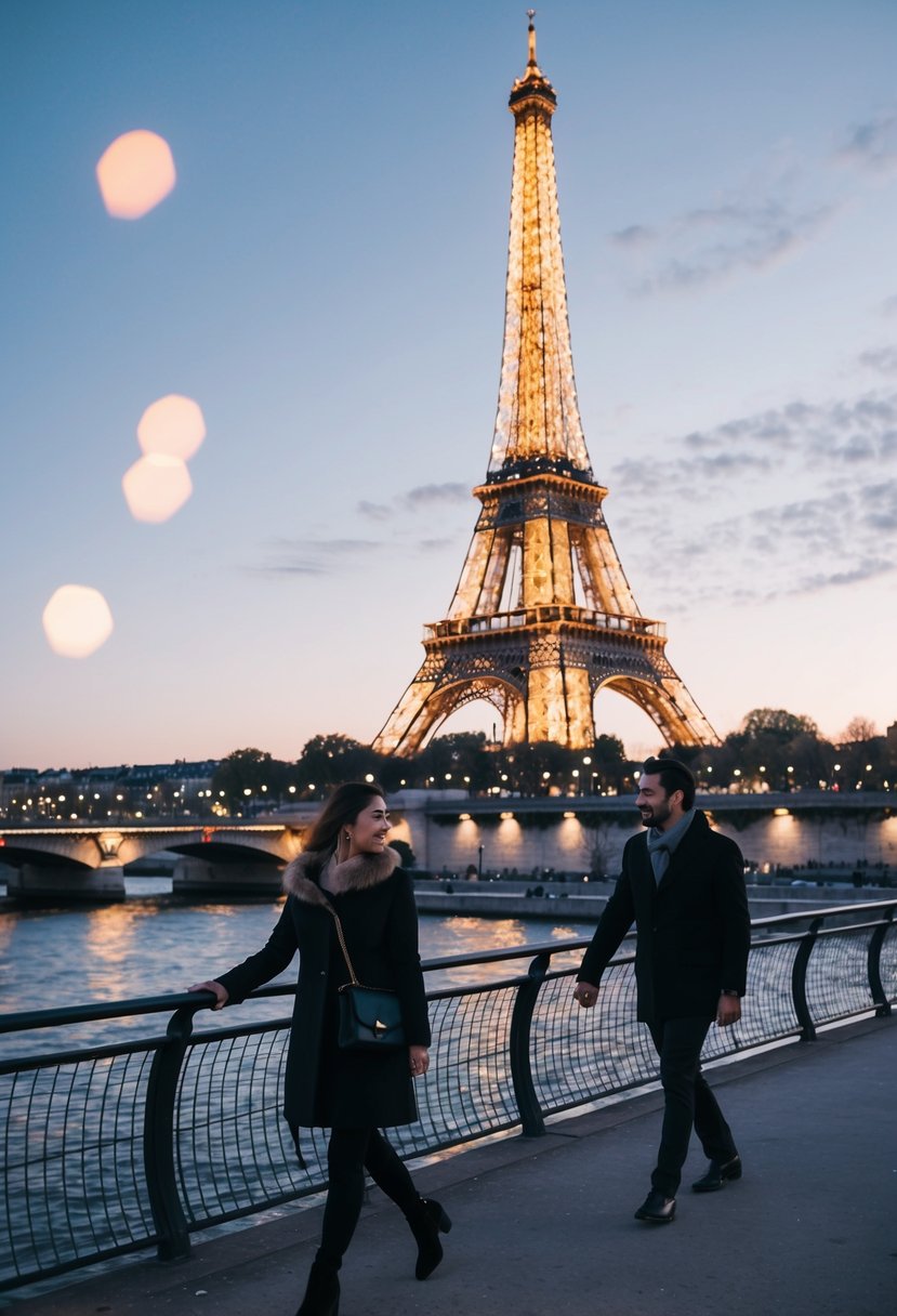 A romantic view of the Eiffel Tower at dusk, with a couple strolling along the Seine River and the city lights twinkling in the background