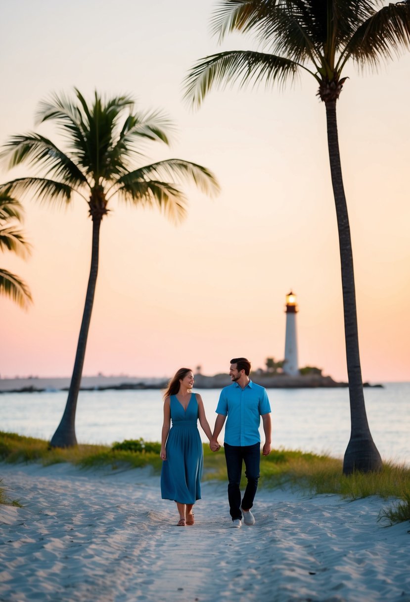 A couple strolling along a serene beach at sunset, with palm trees and a distant lighthouse in the background
