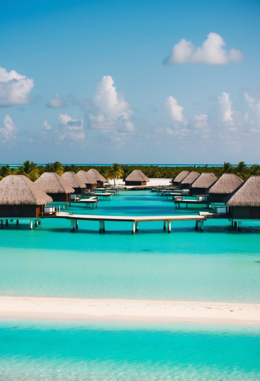 A serene, turquoise lagoon surrounded by overwater bungalows with thatched roofs, palm trees, and white sandy beaches in the Maldives