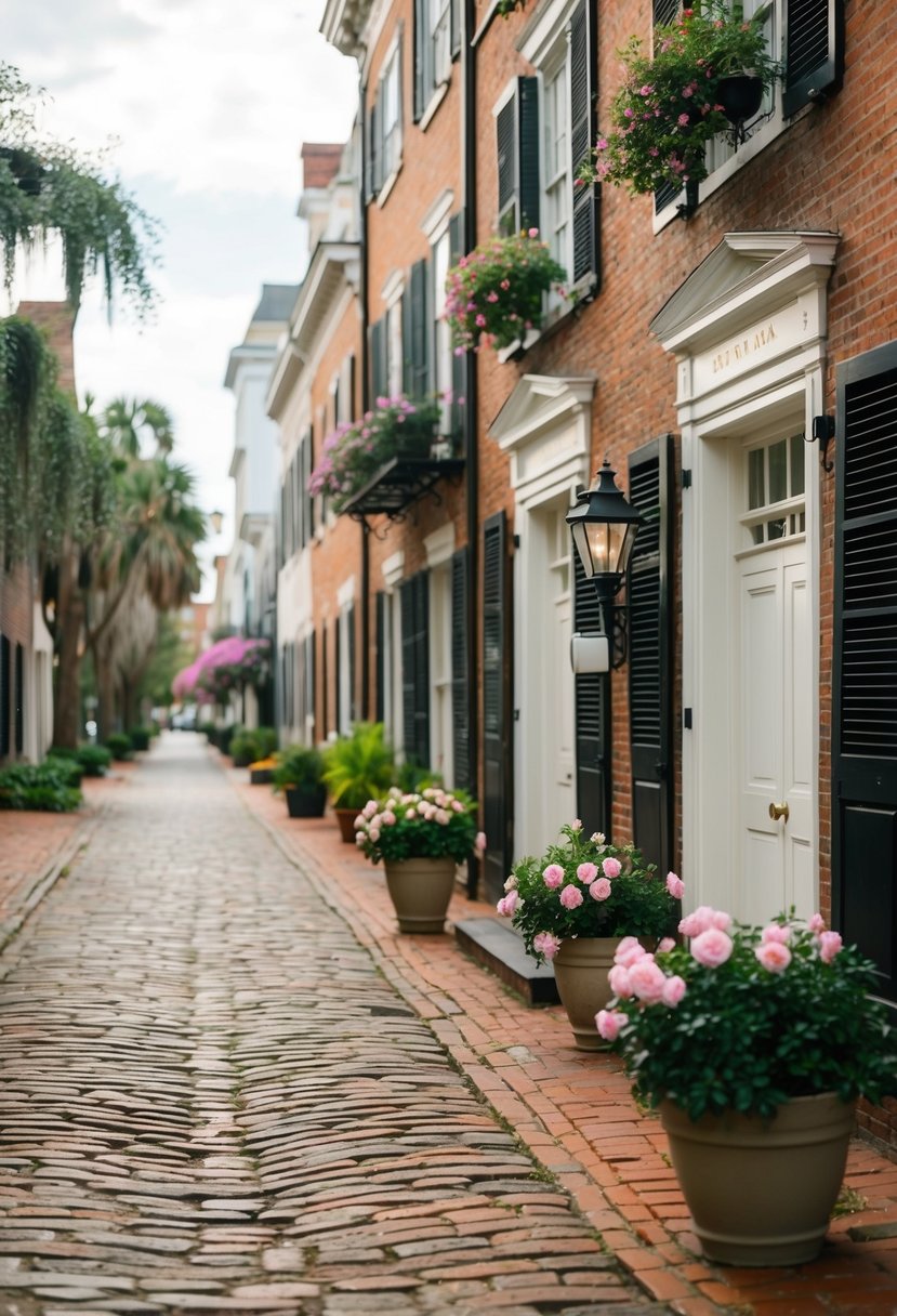 A charming cobblestone street lined with historic buildings in Savannah, Georgia, with blooming flowers and a warm, inviting atmosphere