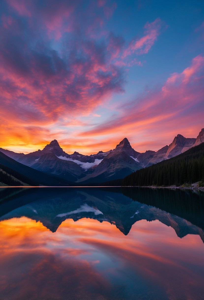 A picturesque sunset over the Remarkables mountain range with a serene lake reflecting the vibrant colors of the sky