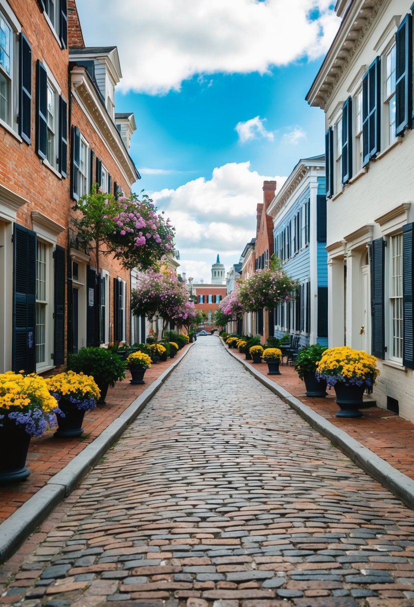 A charming cobblestone street lined with historic buildings and blooming flowers in Charleston, South Carolina