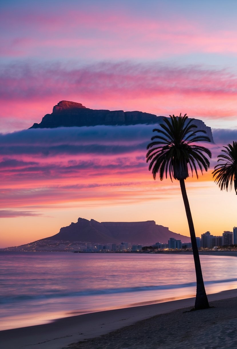 A sunset over Table Mountain with a pink and orange sky reflecting off the ocean, palm trees lining the beach in Cape Town, South Africa