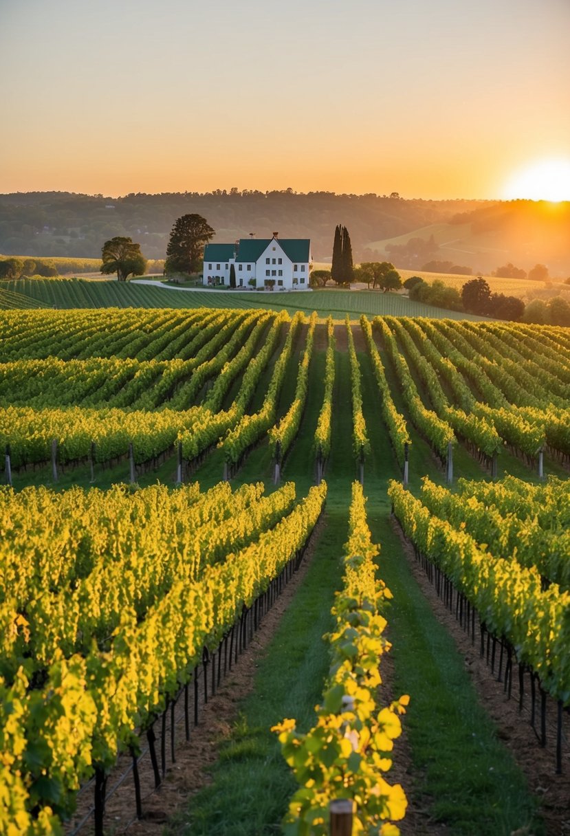 Rolling vineyards under a golden sun, with a charming winery nestled in the distance, surrounded by lush greenery and a serene, picturesque landscape