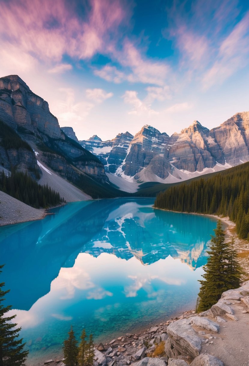 A picturesque view of Banff, Canada's stunning mountain landscape and crystal-clear lakes, perfect for a honeymoon getaway